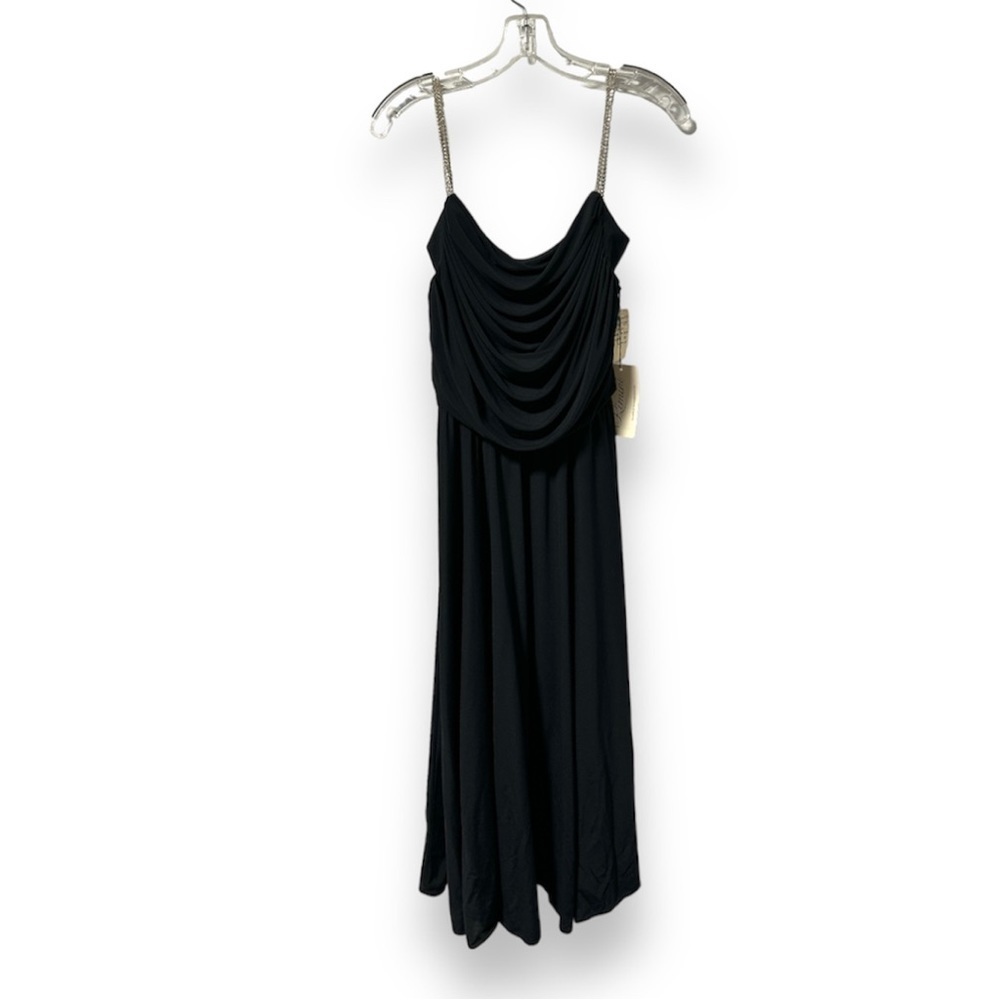 NWT Vintage 90s Rimini Black Draped Formal Maxi Dress Rhinestone Strap Sz Small